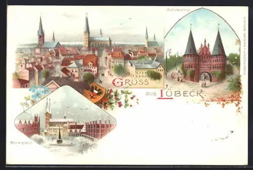 Lithographie Lübeck, Holstentor, Marktplatz, Stadtansicht