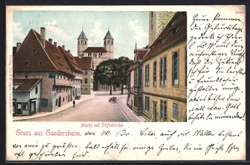 Lithographie Gandersheim, Markt mit Stiftskirche