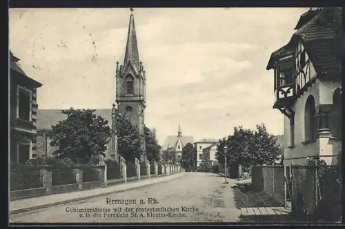 AK Remagen a. Rh., Coblenzerstrasse mit protestantischer Kirche und St. A. Kloster-Kirche