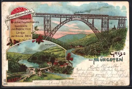 Lithographie Müngsten, Kaiser-Wilhelm-Brücke, höchste Brücke Deutschlands, Müngstener Tal