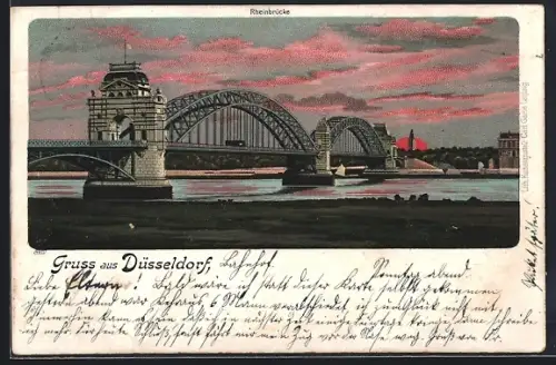 Lithographie Düsseldorf, Rheinbrücke im Sonnenuntergang