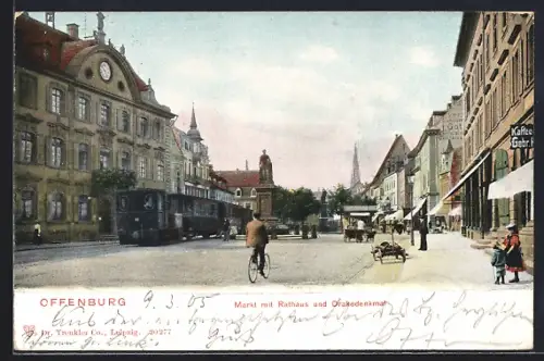 AK Offenburg, Markt mit Rathaus und Drakedenkmal