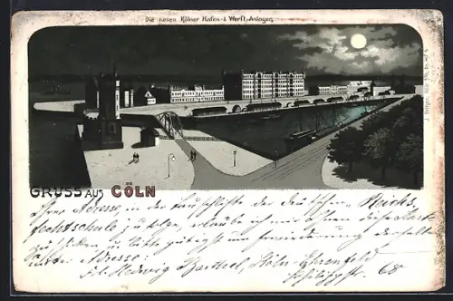 Lithographie Köln, Hafen- und Werftanlagen bei Nacht