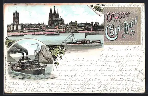 Lithographie Cöln a. Rhein, Dom, Rheinpanorama, Dampfschiffe