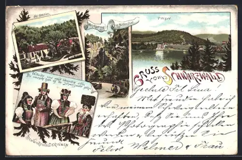 Lithographie Titisee / Schwarzwald, St. Ottilien, Hirschsprung im Höllental, Schwarzwälderinnen