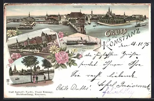 Vorläufer-Lithographie Konstanz, 1895, Rheinbrücke, Oberpostdirektion und Bahnhof, Dampfschiff Kaiser Wilhelm