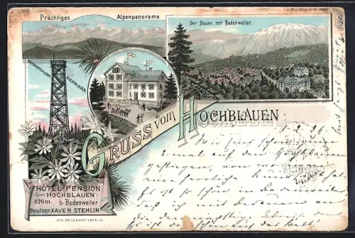 Lithographie Hochblauen /Badenweiler, Hotel Pension Hochblauen, Aussichtsturm, Alpenpanorama
