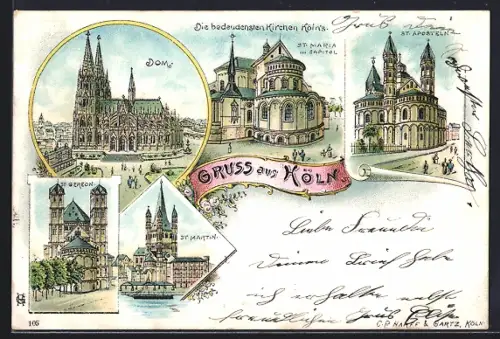Lithographie Köln, Dom, St. Maria im Kapitol, St. Aposteln, Gross St. Martin, St. Gereon