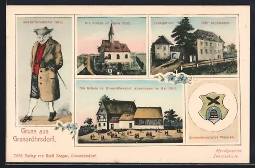 AK Grossröhrsdorf, Kirche 1800, Lehngericht, Schule abgetragen 1840, Wappen