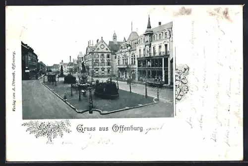 AK Offenburg, Platz mit historischen Gebäuden und Parkanlage