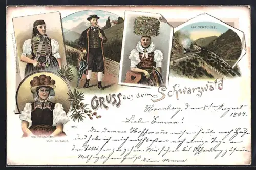 Lithographie Gutach /Schwarzwald, Volkstrachten von Gutach, Kaisertunnel