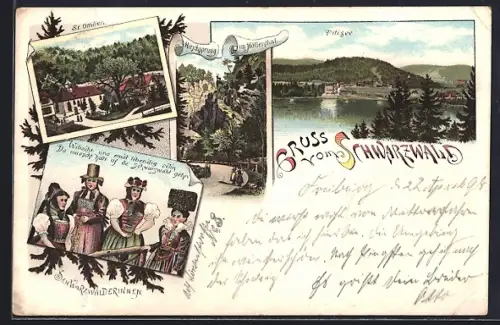 Lithographie Titisee /Schwarzwald, St. Ottilien, Hirschsprung, Titisee, Schwarzwälderinnen