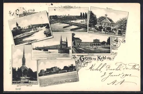 AK Kehl a. Rh., Rheinbrücke, Stadtkirche, Bahnhof, Rathaus, Alte Schiffbrücke