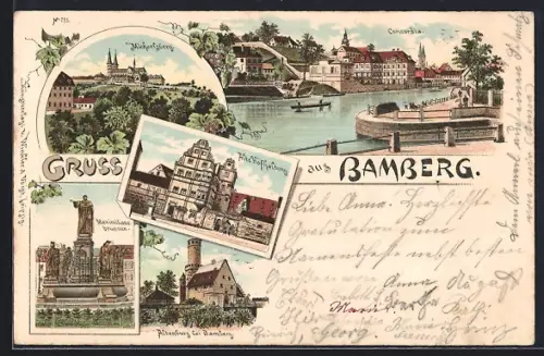Lithographie Bamberg, Michelsberg, Concordia, Maximiliansbrunnen, Mauthaus, Rathaus