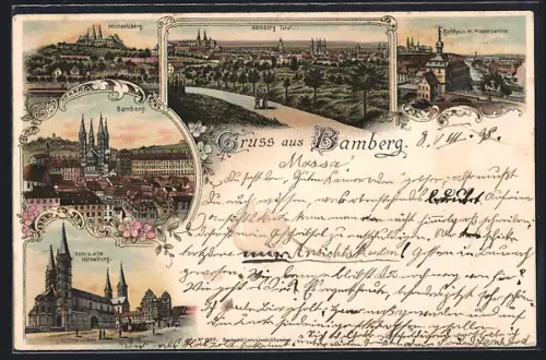 Lithographie Bamberg, Michaelsberg, Dom, St. Martin, Rathaus