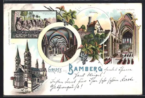 Lithographie Bamberg, Dom, Michaelskirche, Altenburg, Innenansicht des Doms