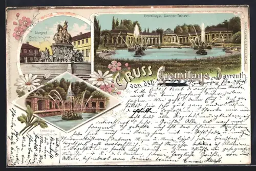 Lithographie Bayreuth, Eremitage, Sonnentempel, Christian Ernst-Brunnen, Wasserspiele