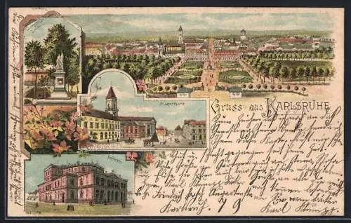 Lithographie Karlsruhe, Schloss, Marktplatz, Theater