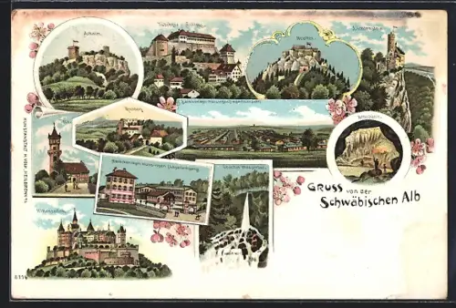 Lithographie Münsingen /Schäbische Alb, Burg Hohenzollern, Schloss Lichtenstein, Uracher Wasserfall, Barackenlager