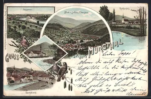Lithographie Gernsbach, Blick v. Schloss Eberstein, Gaggenau, Rotenfels, verschiedene Ortsansichten