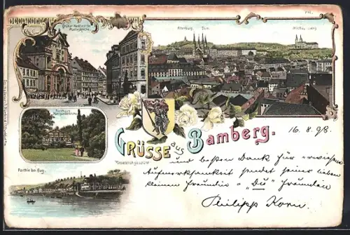 Lithographie Bamberg, Grüner Markt mit der Martinskirche, Forsthaus Kunigundenruhe, Altenburg, Dom und Michaelsberg
