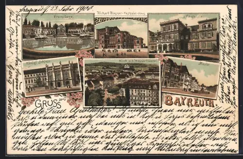 Lithographie Bayreuth, Festspielhaus, Königl. Schloss, Marktplatz, Eremitage, Panorama