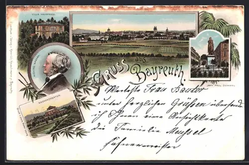 Lithographie Bayreuth, Villa Wahnfried, Wagnerdenkmal, Stadtansicht
