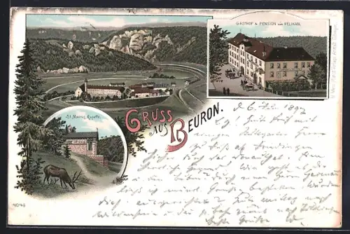 Lithographie Beuron, Kloster, St. Maurus-Kapelle, Gasthof und Pension zum Pelikan