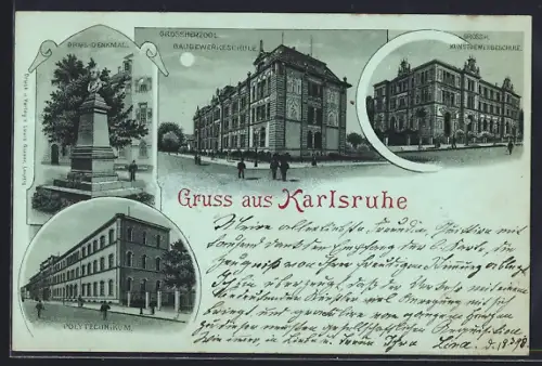 Mondschein-Lithographie Karlsruhe, Grossherzogl. Baugewerkschule, Grossh. Kunstgewerbeschule, Polytechnikum, Drais-Denkmal