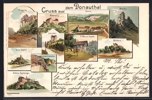 Lithographie Wildenstein /Donautal, Schloss Sigmaringen, Ruine Dietfurt, St. Maurus Kapelle, Gutenstein