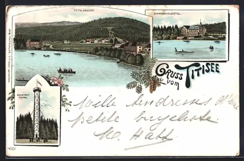 Lithographie Titisee, Totalansicht, Schwarzwaldhotel, Aussichtsturm