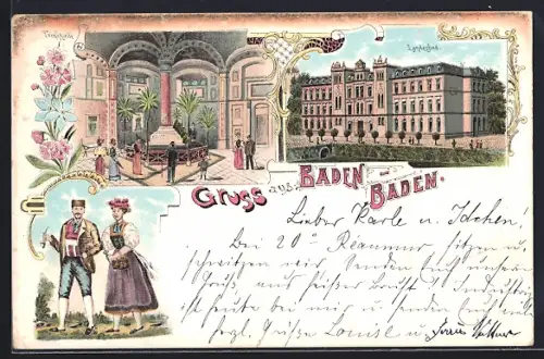 Lithographie Baden-Baden, Trinkhalle, Schloss, Trachtenpaar