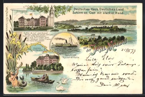 Lithographie Mainau, Schloss, Schlosshof, Dampfschiff Kaiser Wilhelm