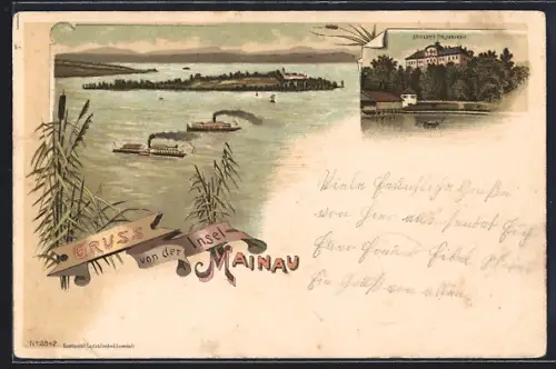 Lithographie Mainau, Dampfschiffe, Schloss Mainau