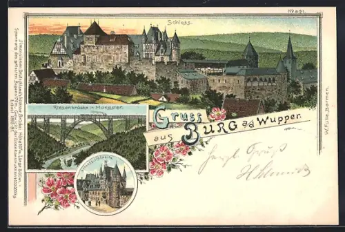 Lithographie Burg a.d. Wupper, Schloss, Riesenbrücke in Müngsten