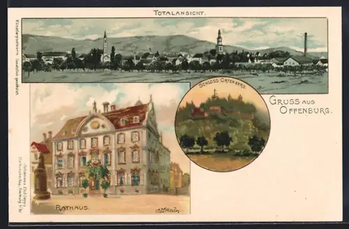 Lithographie Offenburg, Totalansicht, Rathaus, Schloss Ortenberg