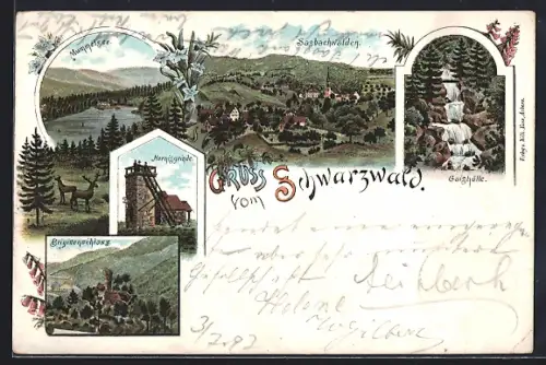 Lithographie Sasbachwalden /Schwarzwald, Mummelsee, Hornisgrinde, Brigittenschloss, Gaisbächle