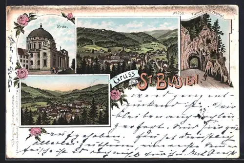 Lithographie St. Blasien, Kirche, Tunnel, Albtal