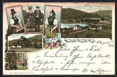 Lithographie Titisee /Schwarzwald, Trachten, Schwarzwälder Bauernhaus, Landschaft
