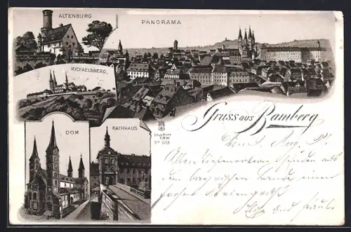 Lithographie Bamberg, Altenburg, Michaelsberg, Dom, Rathaus, Panorama