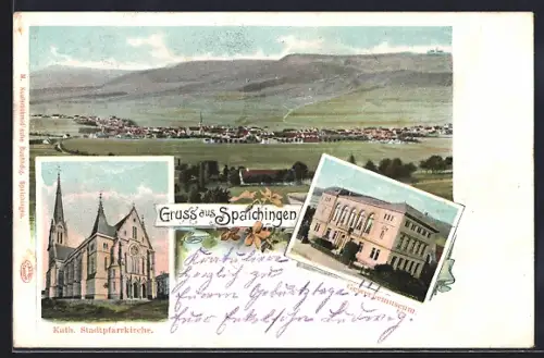 Lithographie Spaichingen, Gesamtansicht, Kath. Stadtpfarrkirche, Gewerbemuseum