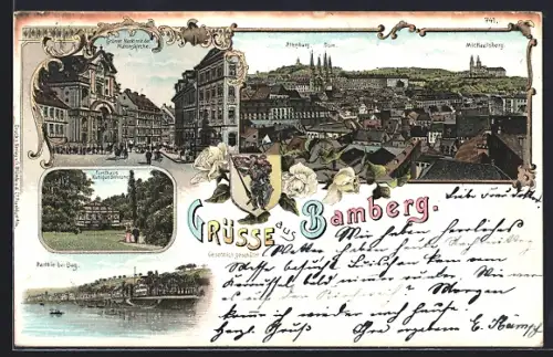 Lithographie Bamberg, Grüner Markt mit Martinskirche, Michaelsberg, Partie bei Bug