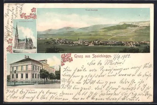 Lithographie Spaichingen, Total-Ansicht, Stadtpfarrkirche, Schulhaus