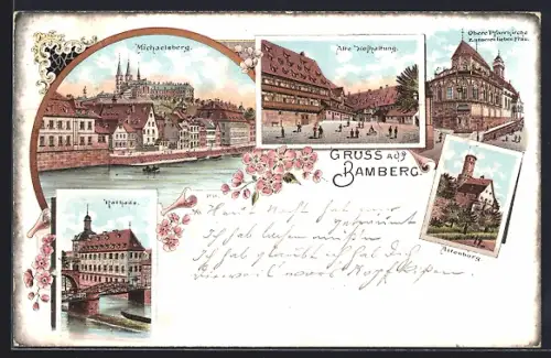 Lithographie Bamberg, Michaelsberg, Alte Hofhaltung, Obere Pfarrkirche, Rathaus, Altenburg