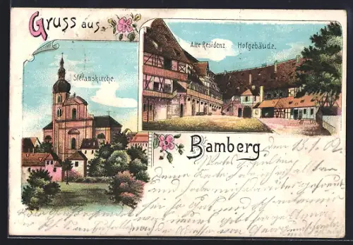 Lithographie Bamberg, Stefanskirche, Alte Residenz, Hofgebäude