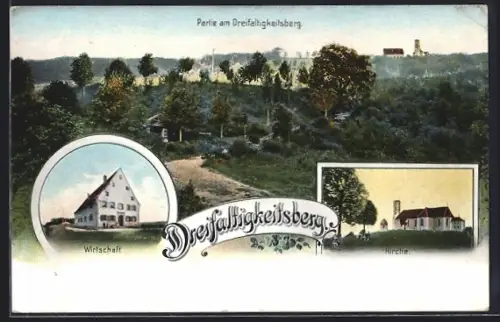 Lithographie Dreifaltigkeitsberg, Gastwirtschaft, Kirche, Gesamtansicht