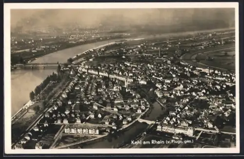 AK Kehl am Rhein, Luftaufnahme der Stadt und Rheinbrücke