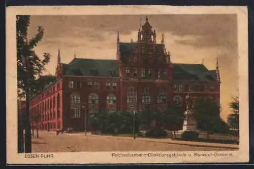 AK Essen /Ruhr, Reichseisenbahn-Direktionsgebäude, Bismarck-Denkmal