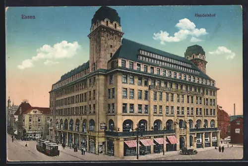 AK Essen, Strassenbahn vor dem Hotel Handelshof
