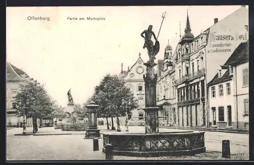 AK Offenburg, Marktplatz, Neptunbrunnen, Geschäftshaus Hauser & Levi